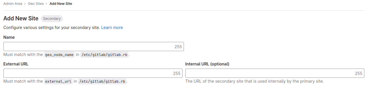 Form to add a new secondary Geo site