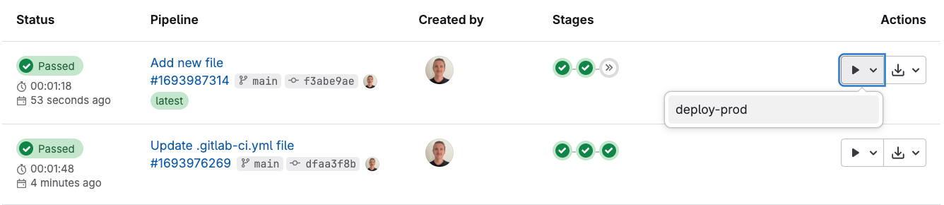 Viewing a manual job in a deployment pipeline