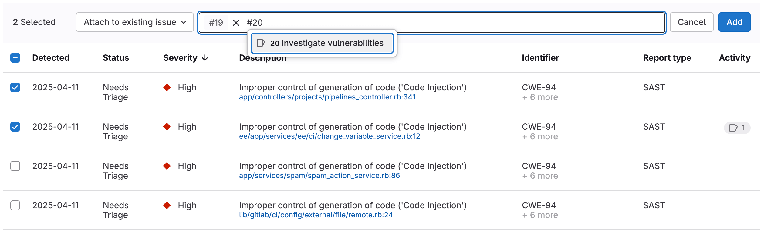 Attach vulnerabilities to an existing issue